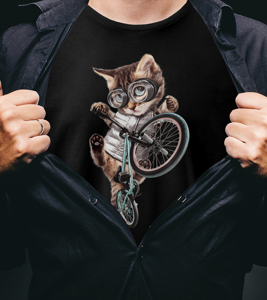 BMX Cat With Glasses Performing Trick On Bicycle T-Shirt
