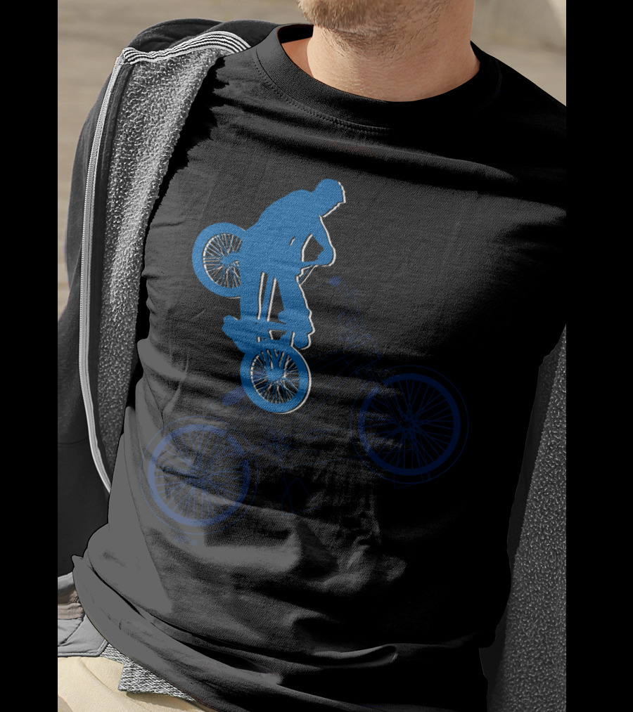 BMX Rider Blue Silhouette With Detailed Bike Blueprint T-Shirt