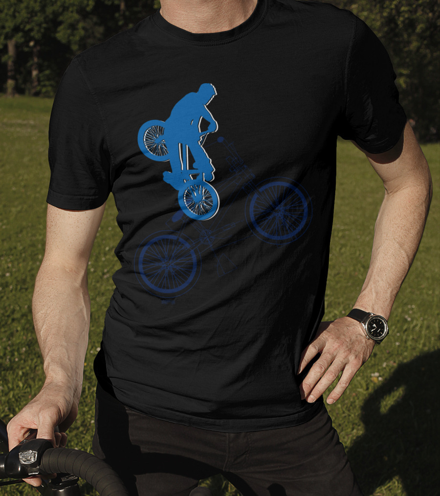BMX Rider Blue Silhouette With Detailed Bike Blueprint T-Shirt