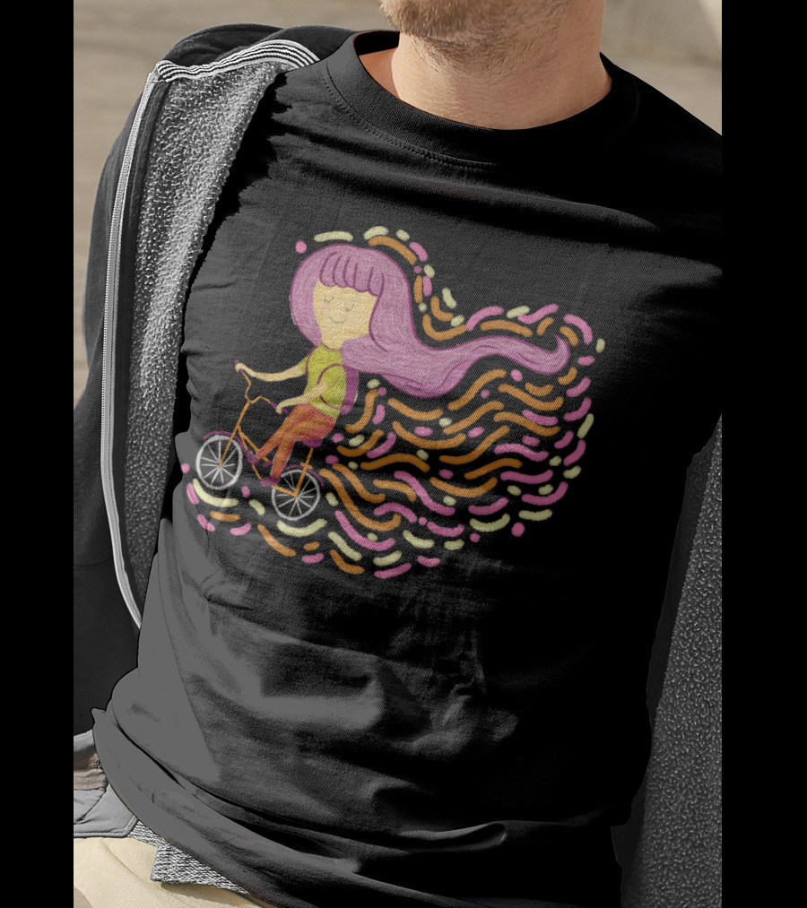 Claire Riding Bicycle With Flowing Pink Hair And Colorful Trails T-Shirt