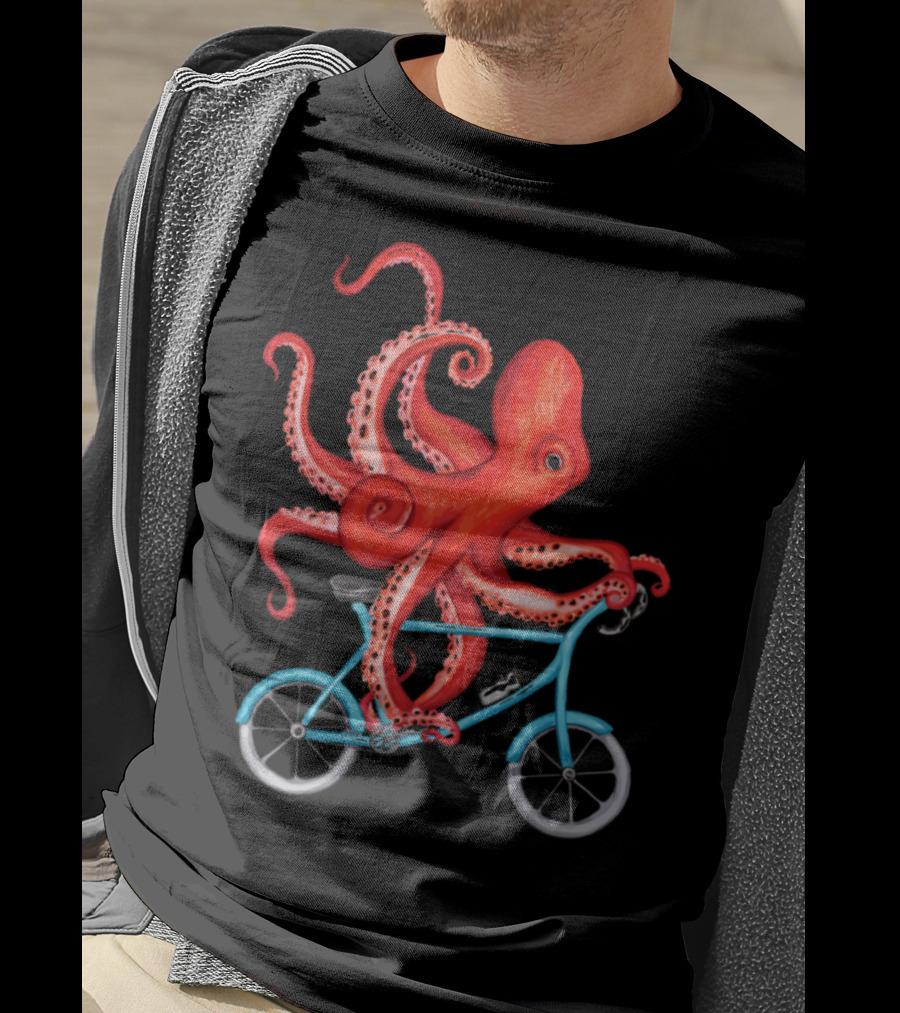 Cycling Octopus On Blue Bicycle T-Shirt