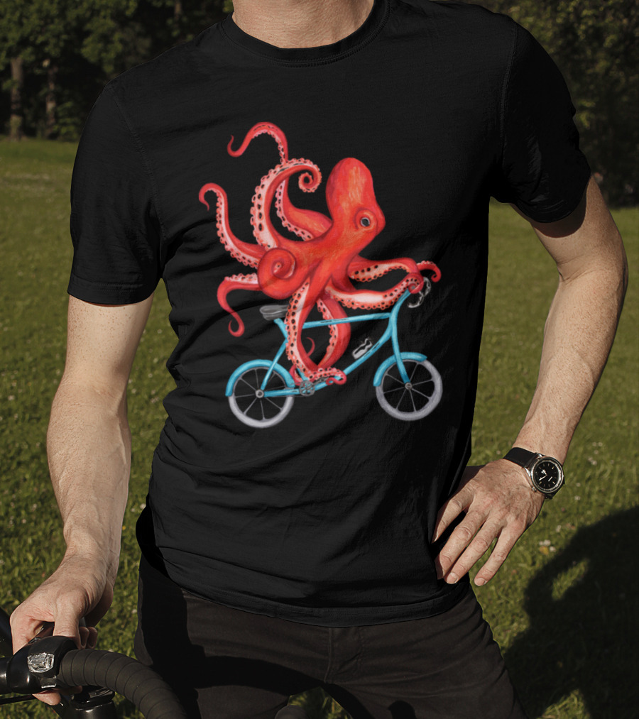 Cycling Octopus On Blue Bicycle T-Shirt