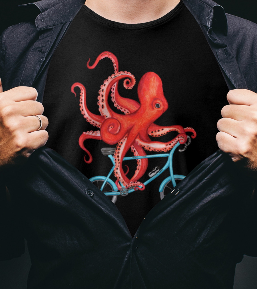 Cycling Octopus On Blue Bicycle T-Shirt