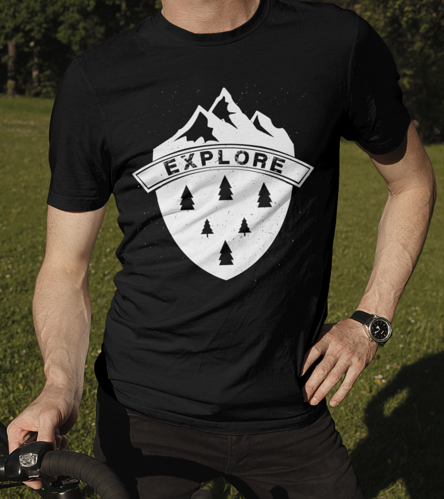 Explore The Great Outdoors Mountains Trees Badge T-Shirt