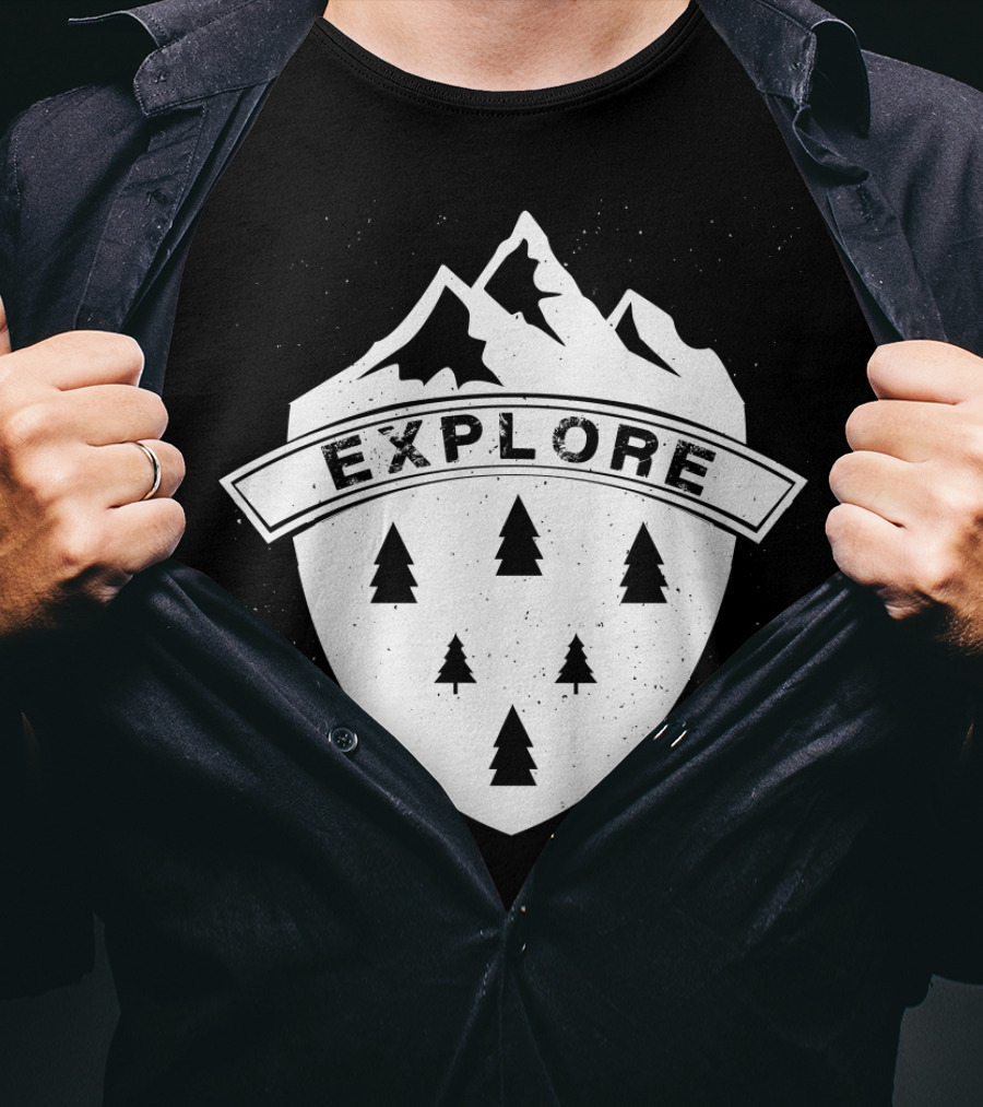 Explore The Great Outdoors Mountains Trees Badge T-Shirt