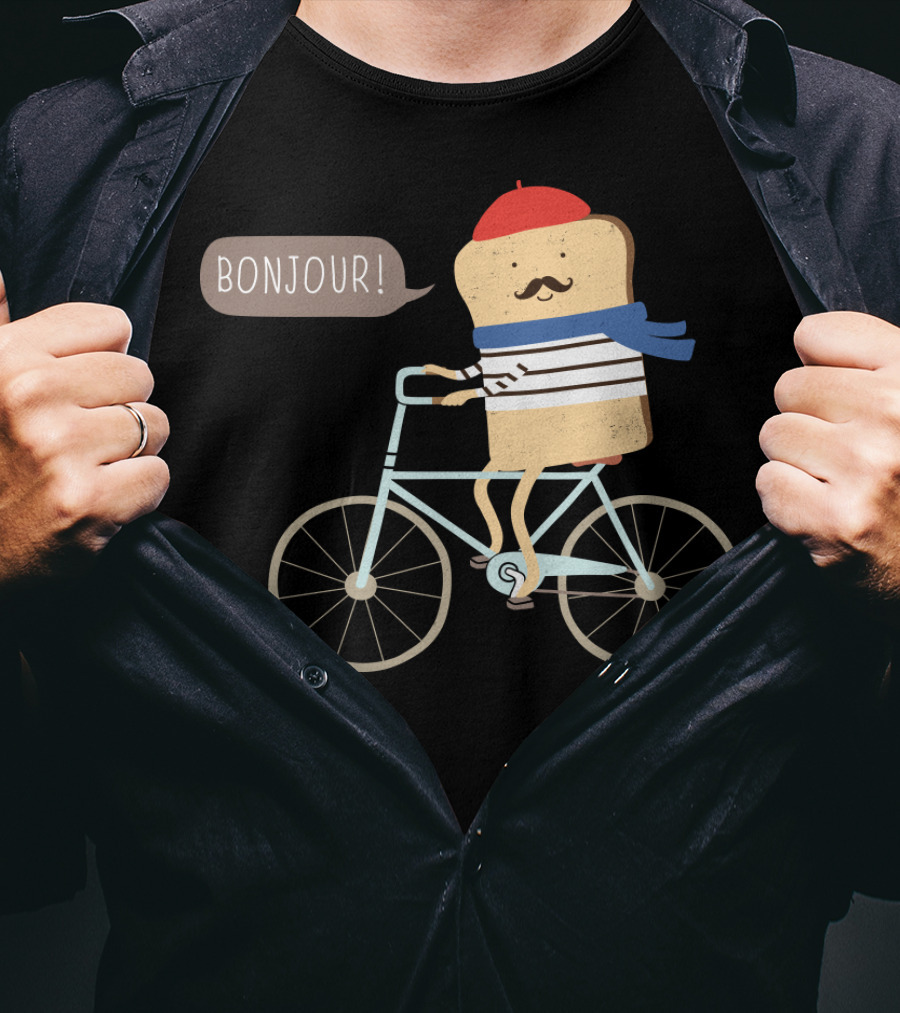 BONJOUR French Toast On Bicycle With Beret And Mustache T-Shirt