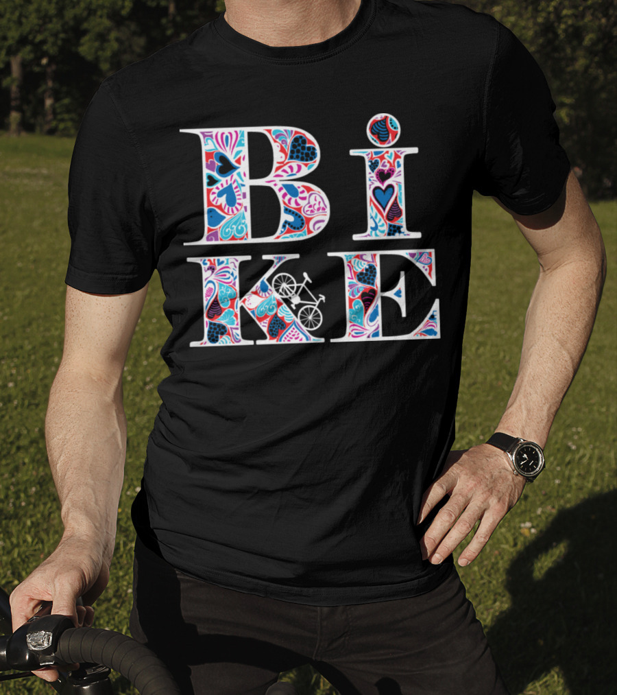 Heart Pattern Bike Typography T-Shirt