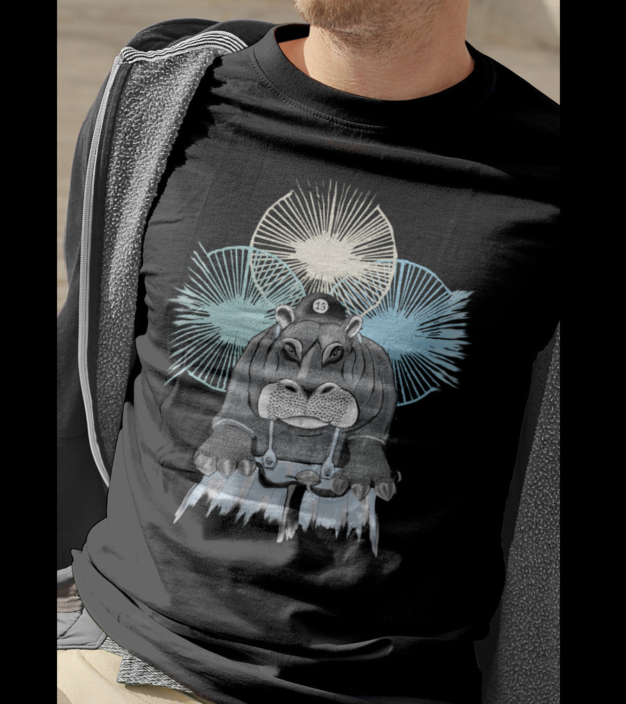 Hippo With Cap Number 13 Riding A Bike With Radiant Starburst Background T-Shirt