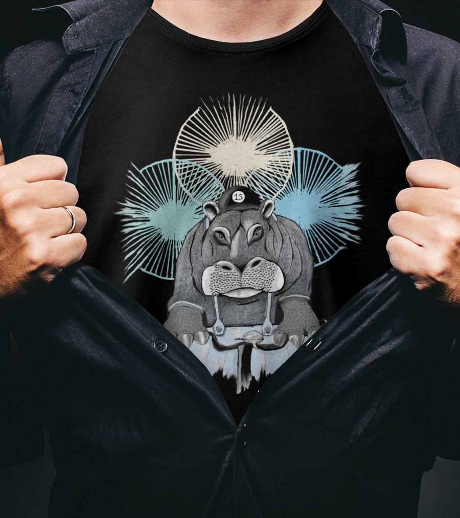 Hippo With Cap Number 13 Riding A Bike With Radiant Starburst Background T-Shirt