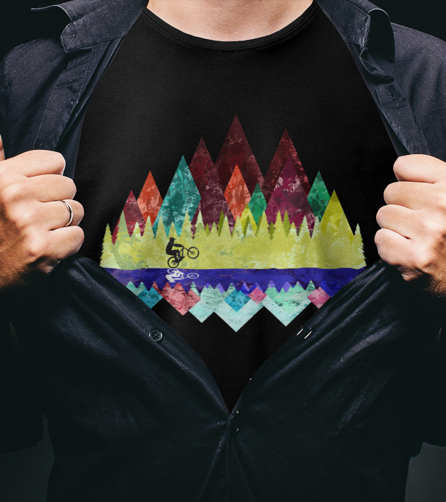 MTB Aqua Trails Mountain Biking Through Colorful Forest Reflections T-Shirt