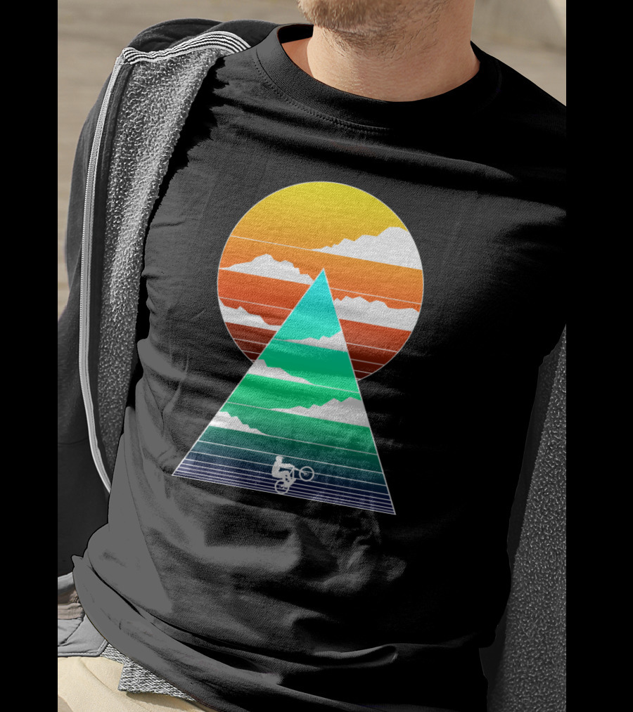 Sunset Mountain Biking Adventure In Geometric T-Shirt