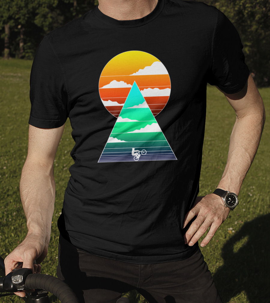 Sunset Mountain Biking Adventure In Geometric T-Shirt