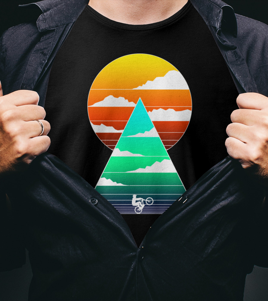 Sunset Mountain Biking Adventure In Geometric T-Shirt