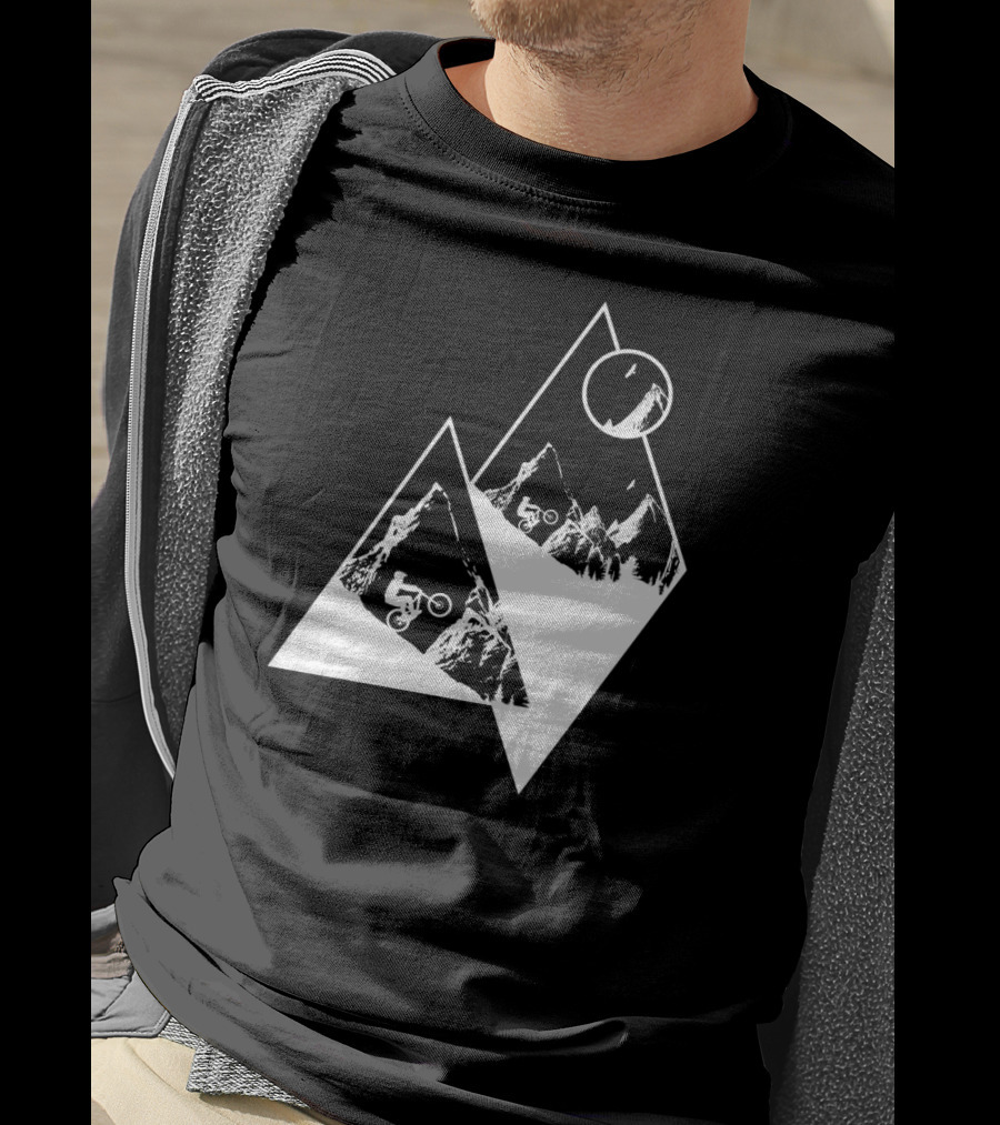 MTB Cyclist On White Mountain Peaks With Moon In Geometric T-Shirt