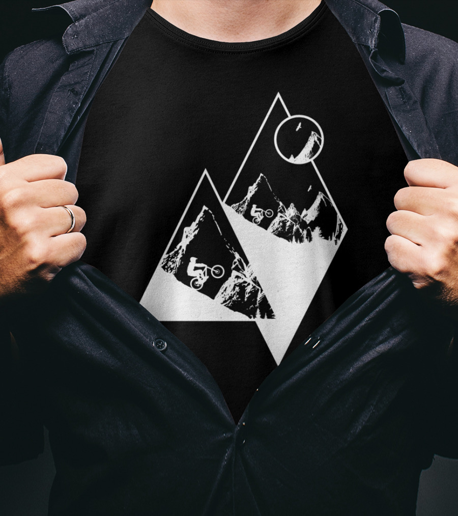 MTB Cyclist On White Mountain Peaks With Moon In Geometric T-Shirt