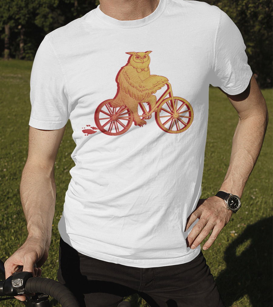 Owl Riding Bicycle With Orange Wheels T-Shirt