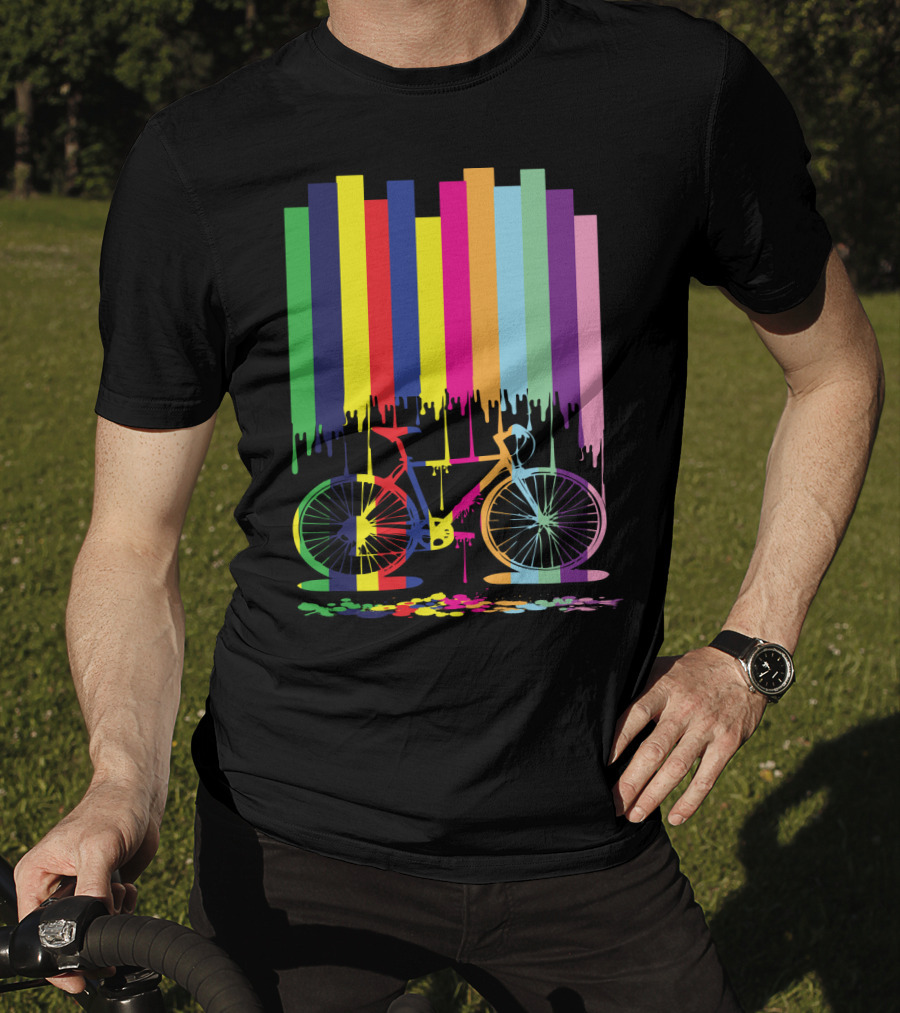 Rainbow Bicycle Dripping Paint Stripes T-Shirt