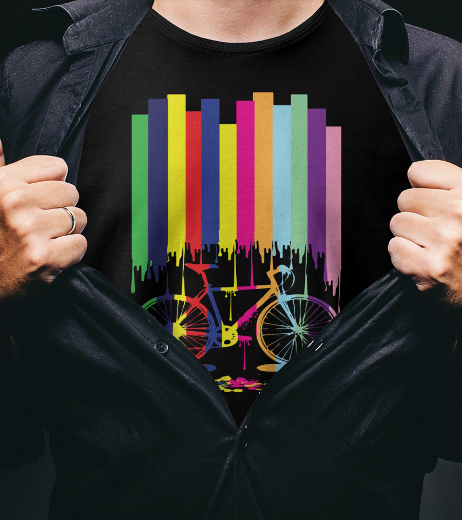 Rainbow Bicycle Dripping Paint Stripes T-Shirt