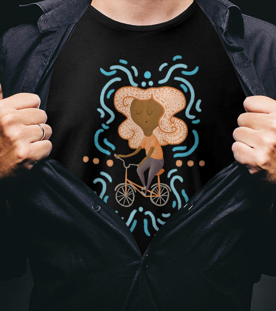 Sarah Bicycle Curly Orange Hair Blue Accents T-Shirt