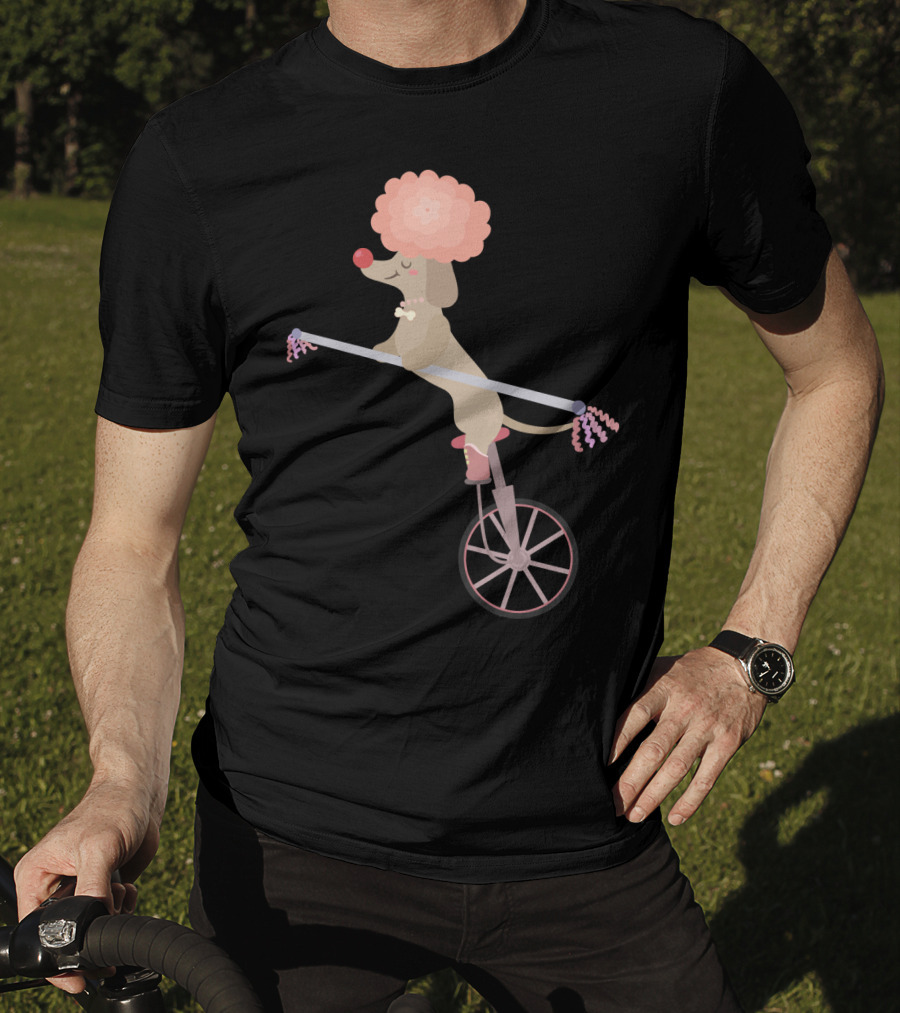 Unicycle Dog With Clown Wig And Red Nose Balancing On Wheel T-Shirt