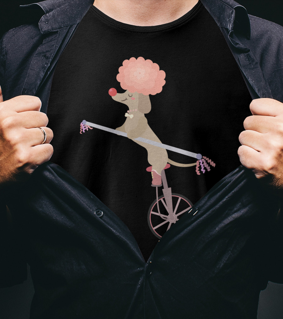 Unicycle Dog With Clown Wig And Red Nose Balancing On Wheel T-Shirt