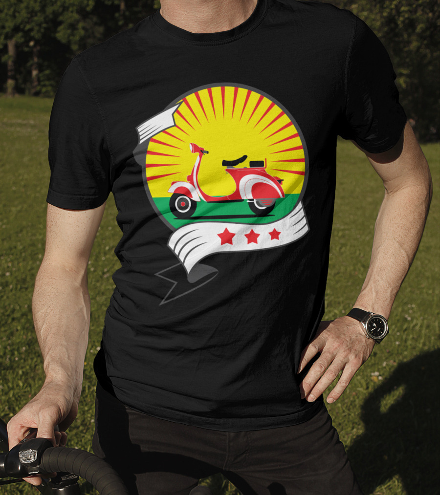 Vintage Red Scooter Sunburst Three Star Emblem T-Shirt