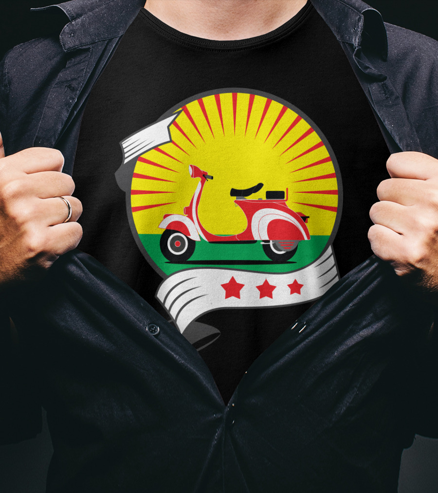Vintage Red Scooter Sunburst Three Star Emblem T-Shirt