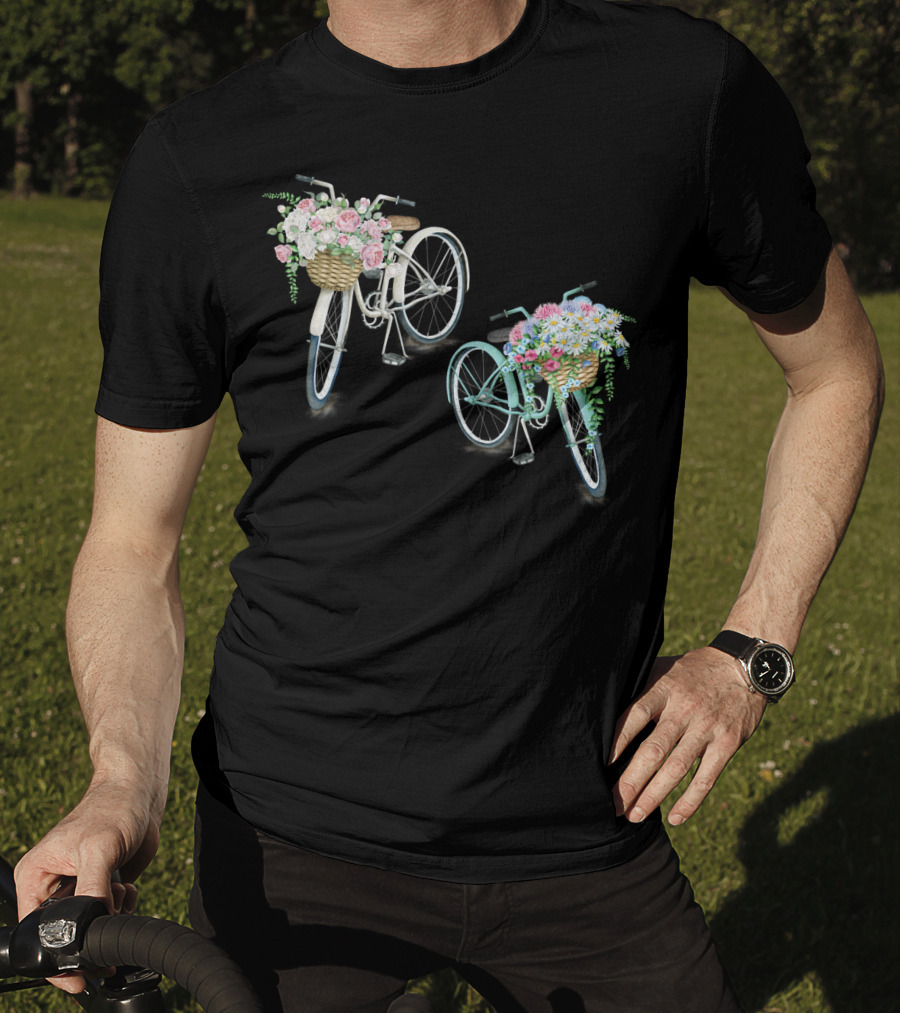 Vintage Bicycles With Flower Baskets Roses And Daisies T-Shirt