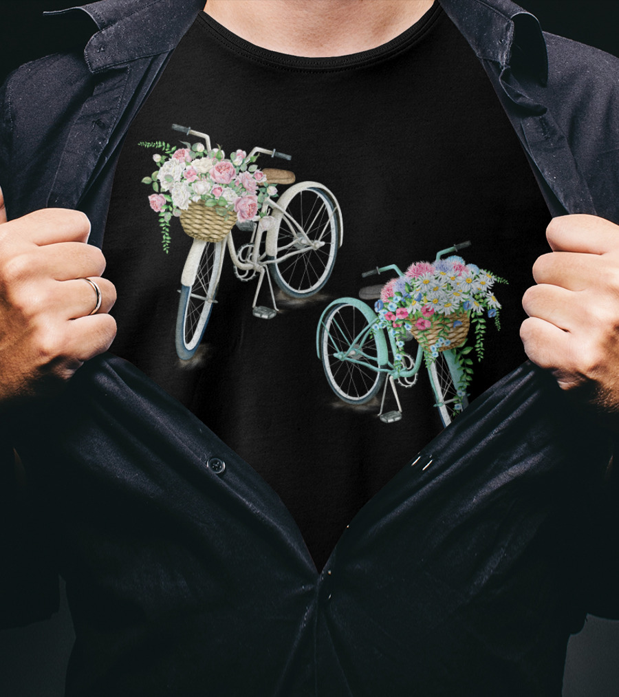 Vintage Bicycles With Flower Baskets Roses And Daisies T-Shirt