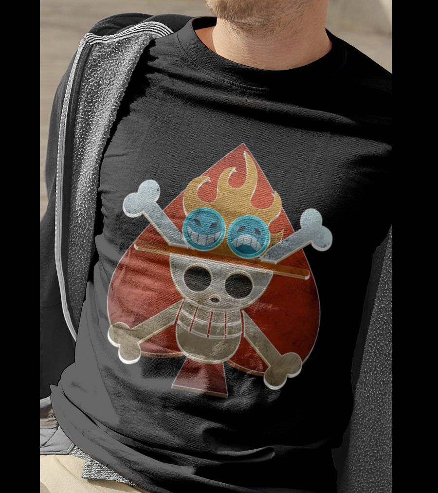 Ace One Piece Spade Pirates Jolly Roger Flame Hat T-Shirt
