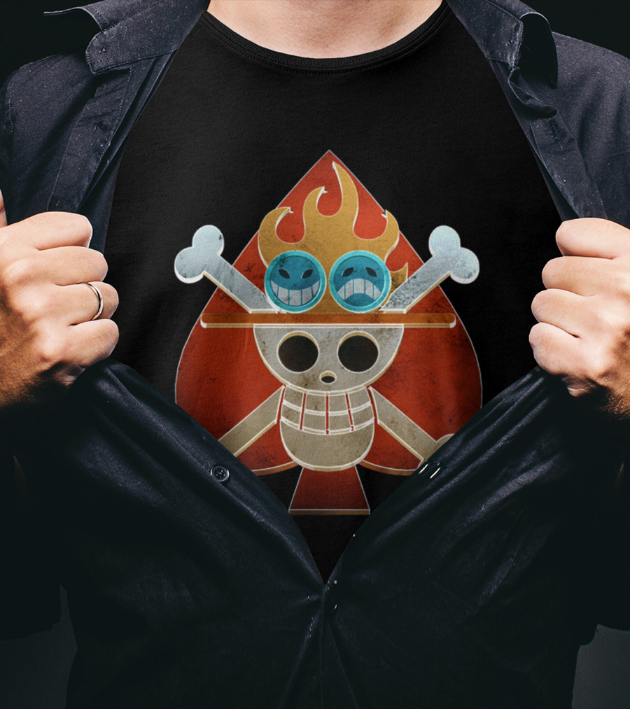 Ace One Piece Spade Pirates Jolly Roger Flame Hat T-Shirt