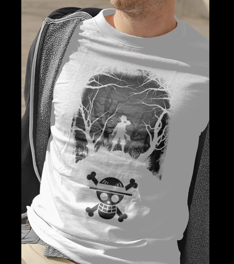 Luffy Silhouette In The Woods With Straw Hat Pirate Skull T-Shirt