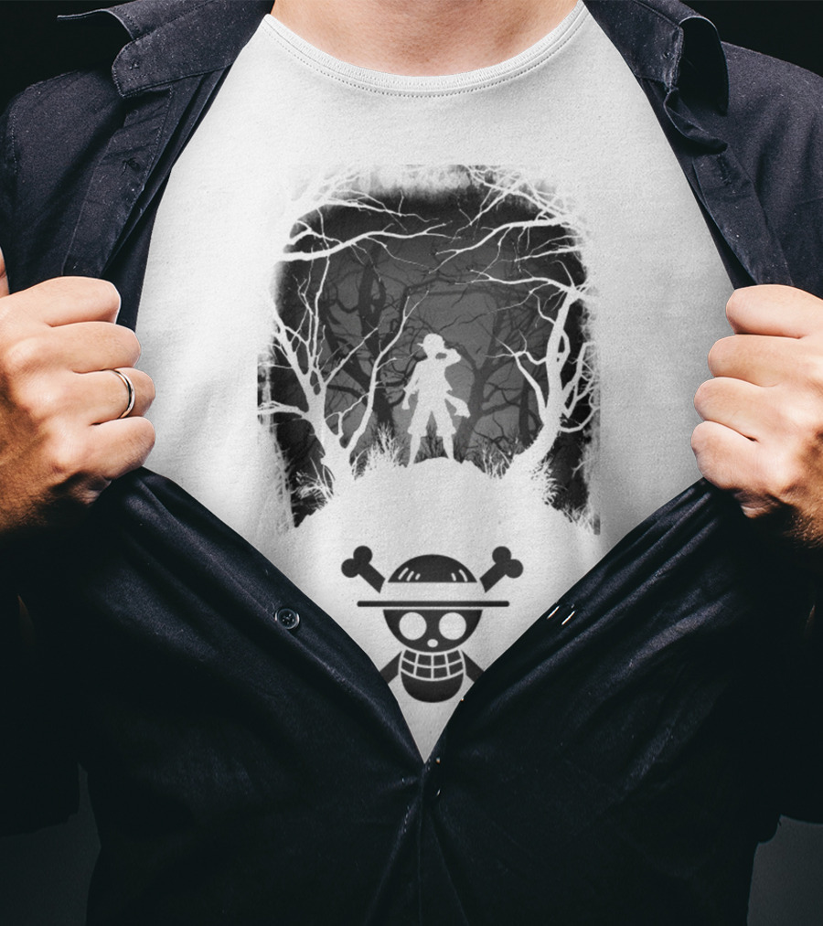 Luffy Silhouette In The Woods With Straw Hat Pirate Skull T-Shirt