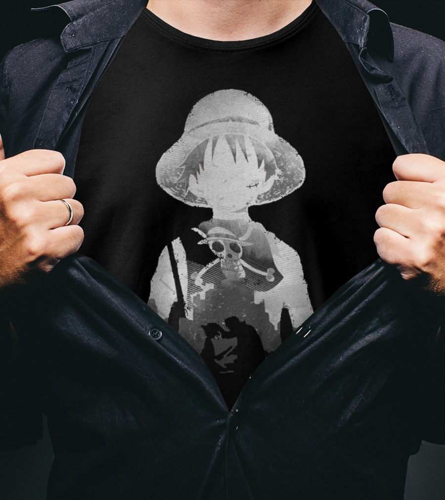 Monochrome Luffy Skull Silhouette Straw Hat Pirate T-Shirt