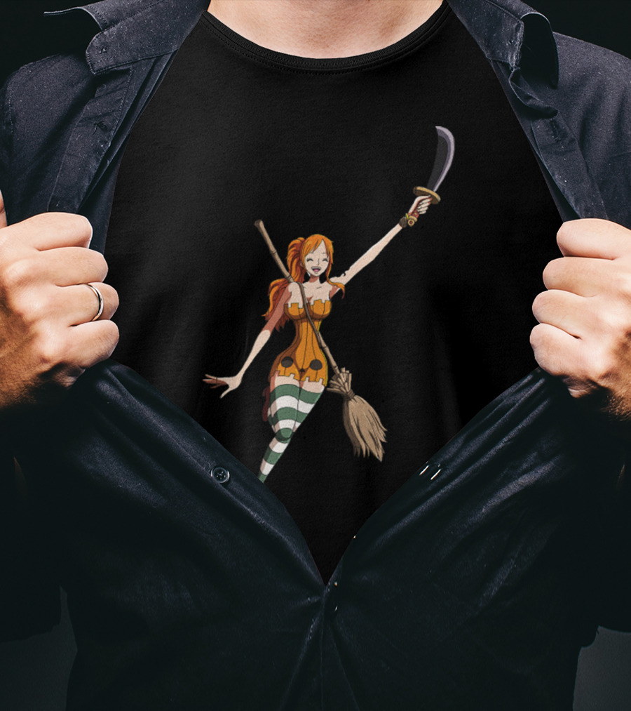 Nami Witch Riding Broomstick Sword Striped Stockings T-Shirt