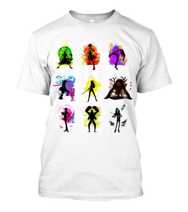 Anime Pirates Straw Hat Crew Silhouettes Japanese Text Colors T-Shirt