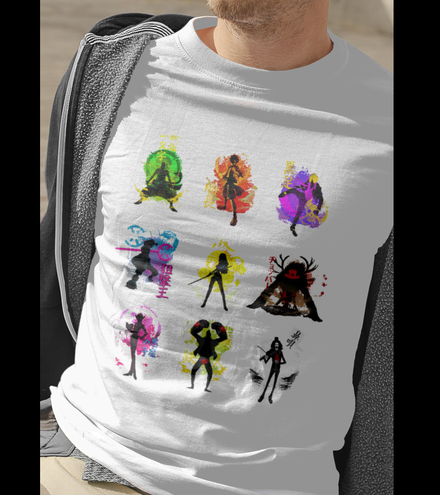 Anime Pirates Straw Hat Crew Silhouettes Japanese Text Colors T-Shirt