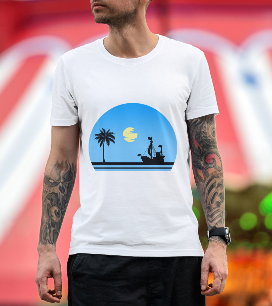Going Merry Ship Silhouette Sunrise with Palm Tree and Sun T-Shirt