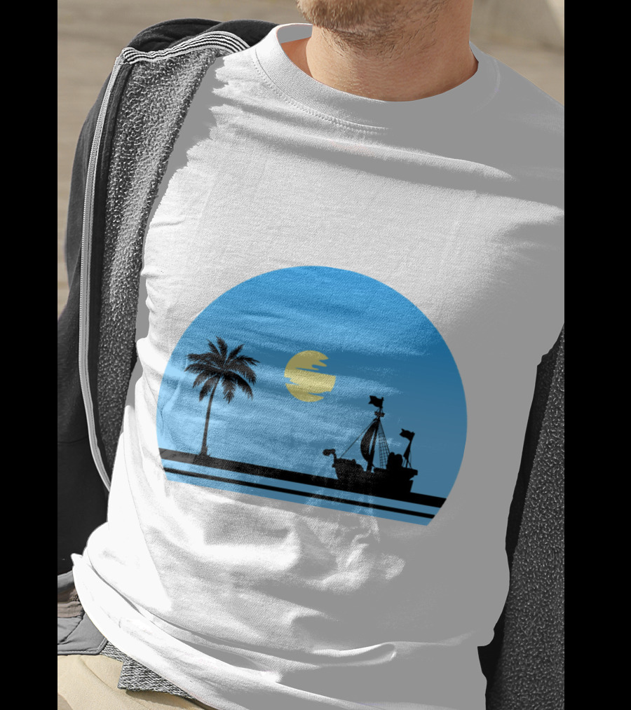 Going Merry Ship Silhouette Sunrise With Palm Tree And Sun T-Shirt