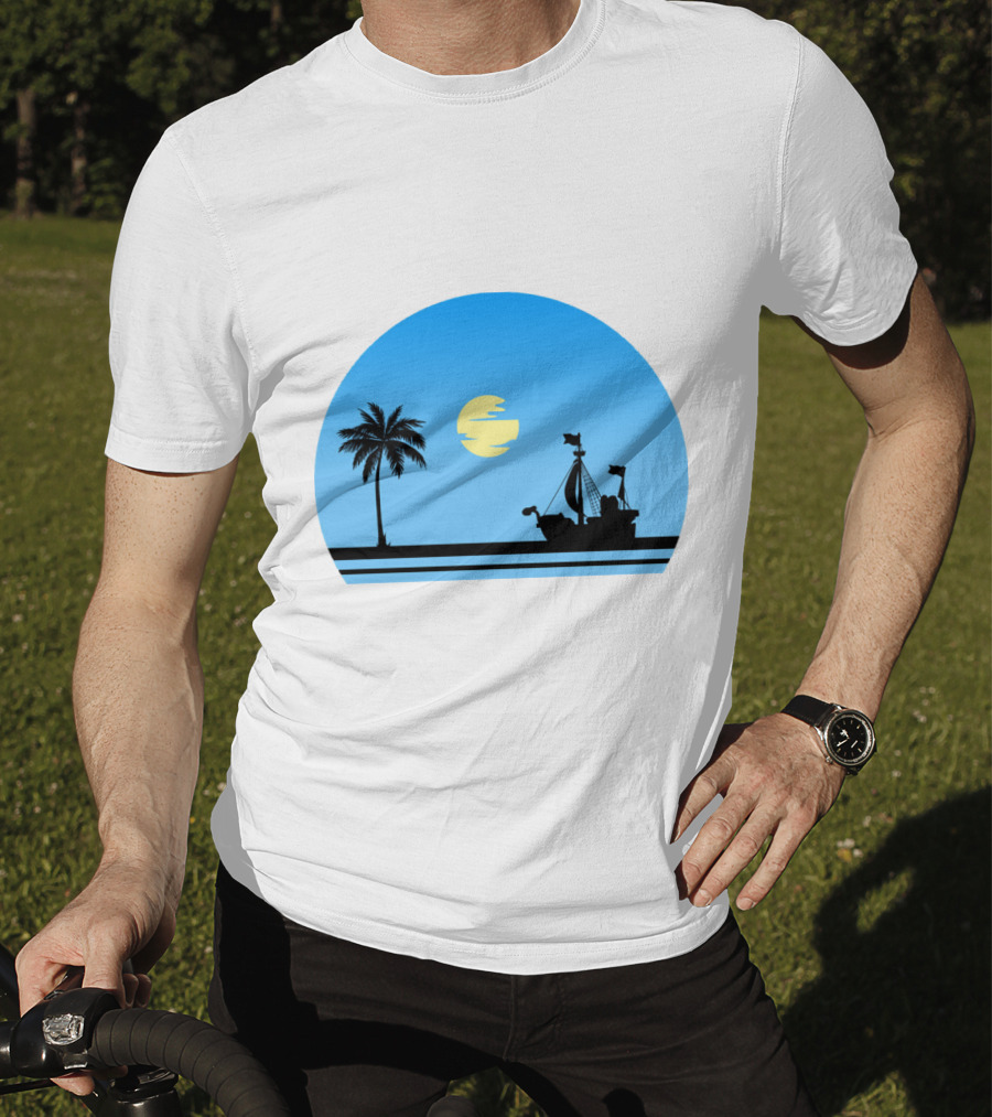 Going Merry Ship Silhouette Sunrise With Palm Tree And Sun T-Shirt