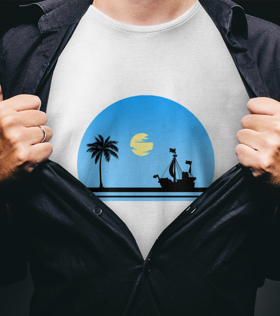 Going Merry Ship Silhouette Sunrise With Palm Tree And Sun T-Shirt