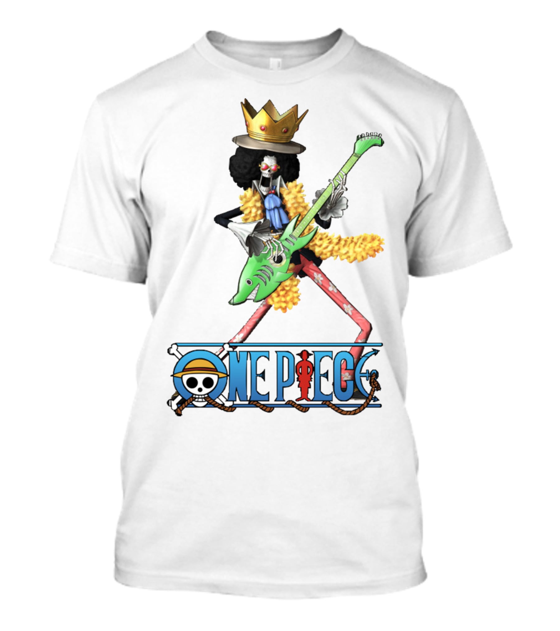 One Piece Brook Playing Guitar With Crown And Yellow Feather Boa T-Shirt