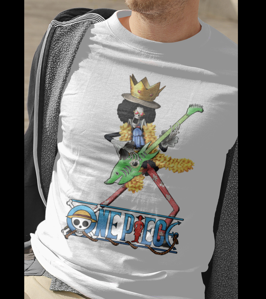 One Piece Brook Playing Guitar With Crown And Yellow Feather Boa T-Shirt