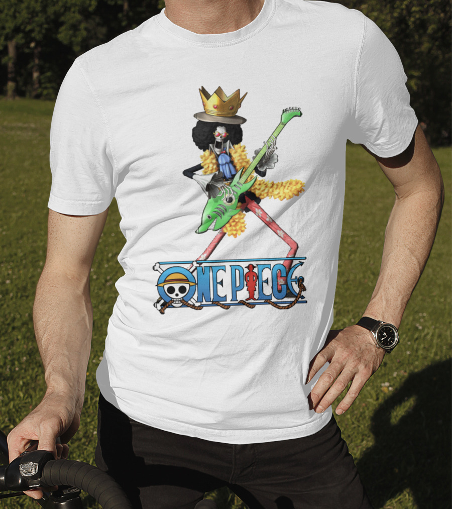 One Piece Brook Playing Guitar With Crown And Yellow Feather Boa T-Shirt