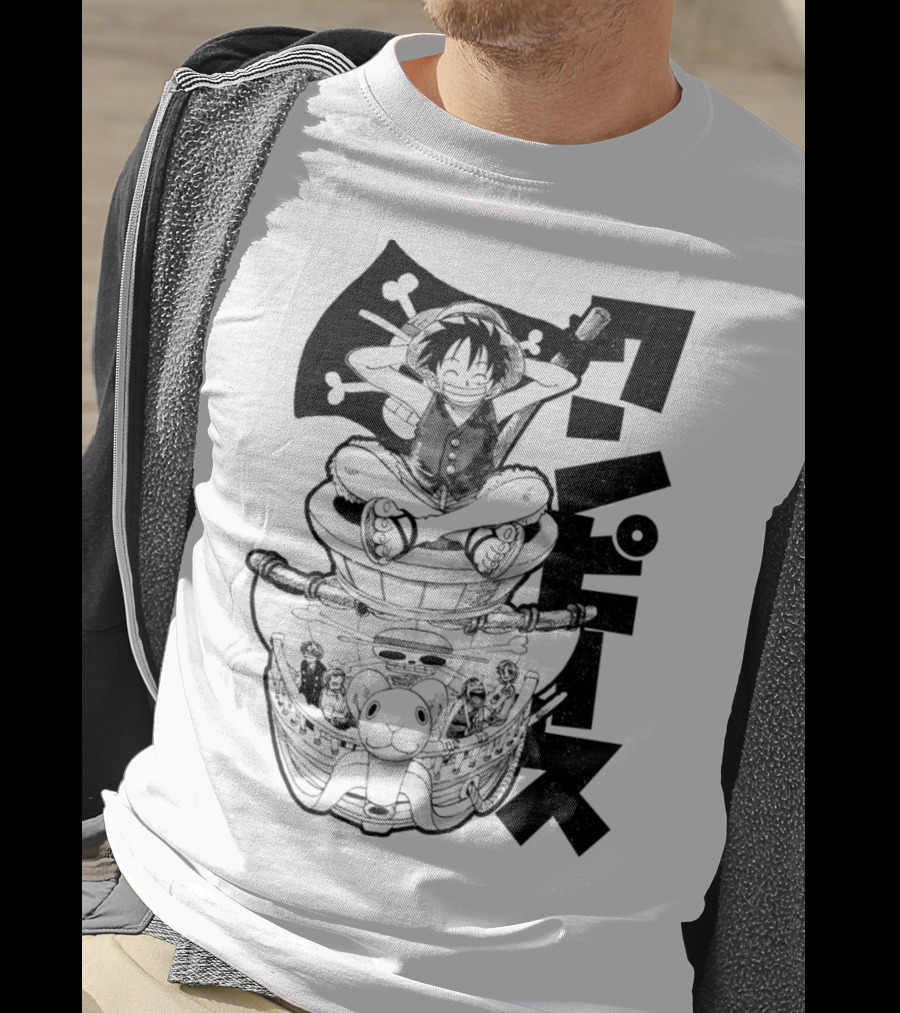 Luffy On Going Merry With Straw Hat Pirates Crew And Jolly Roger Flag T-Shirt