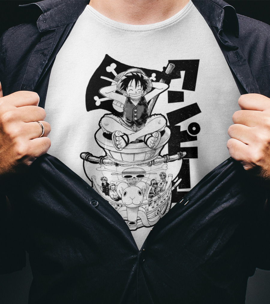 Luffy On Going Merry With Straw Hat Pirates Crew And Jolly Roger Flag T-Shirt