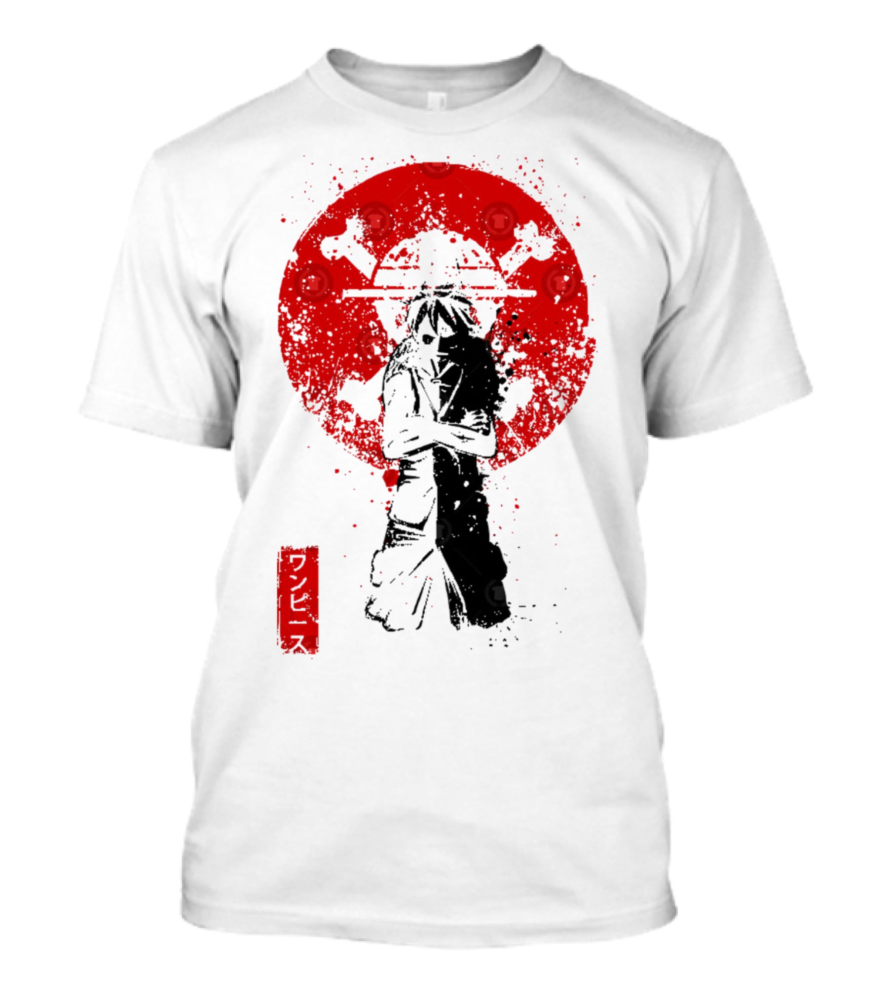 One Piece Pirate's King Splat­ter Japanese Text And Crossbones Red Circle T-Shirt