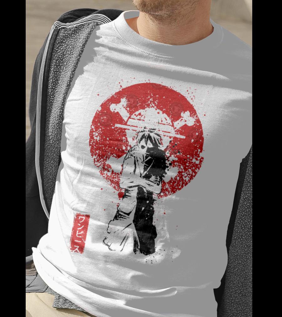 One Piece Pirate's King Splat­ter Japanese Text And Crossbones Red Circle T-Shirt