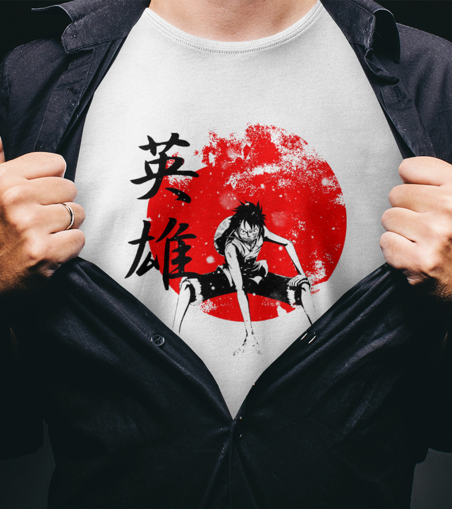One Piece Hero Luffy Japanese Kanji Red Circle T-Shirt
