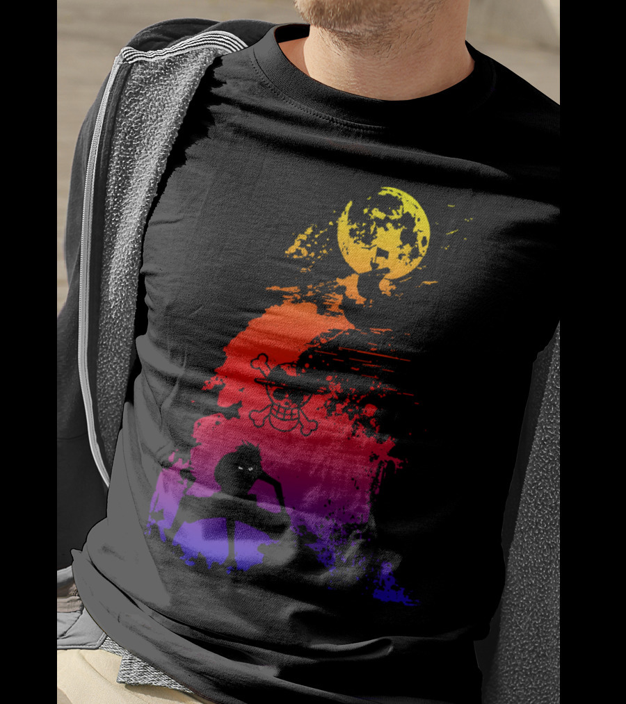 Monkey D. Luffy Shadow Art With Straw Hat Pirate Emblem And Moon T-Shirt